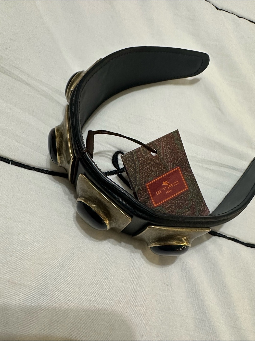 Etro Brown Leather Headband with Red Logo Accent